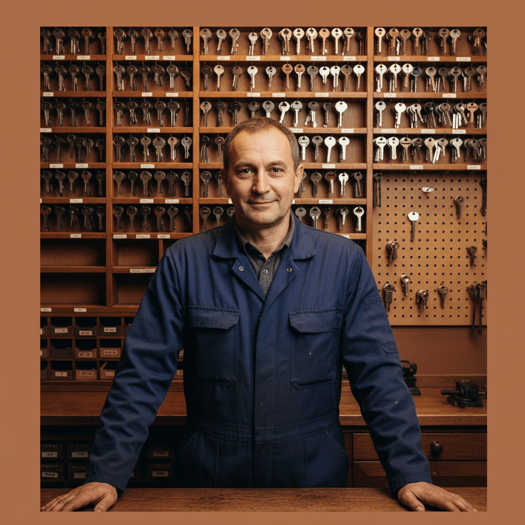 Erfahrener Handwerker Meister für Schlüsseldienst und Sicherheitstechnik im Einsatz vor Servicefahrzeug