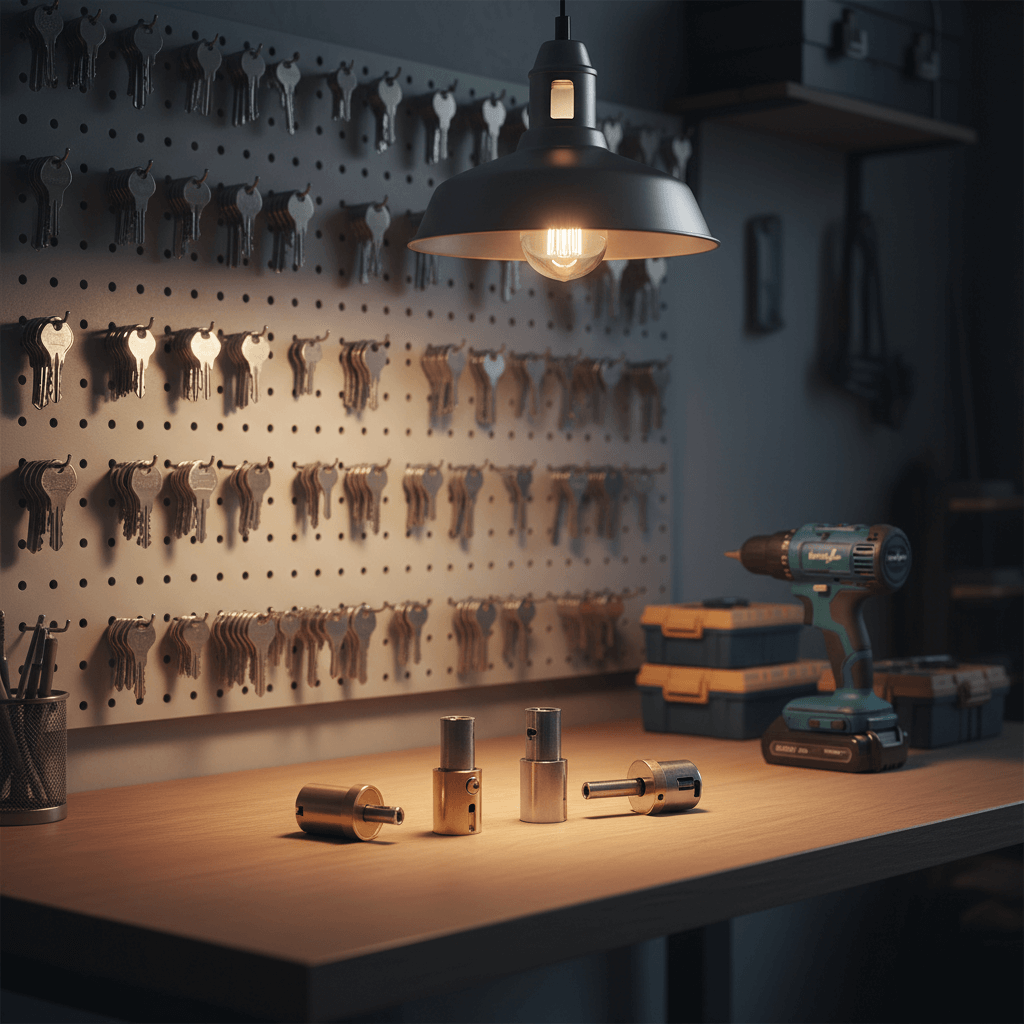 Traditionelle Werkstatt mit Werkzeugen und zerlegten Schließzylindern auf der Werkbank
